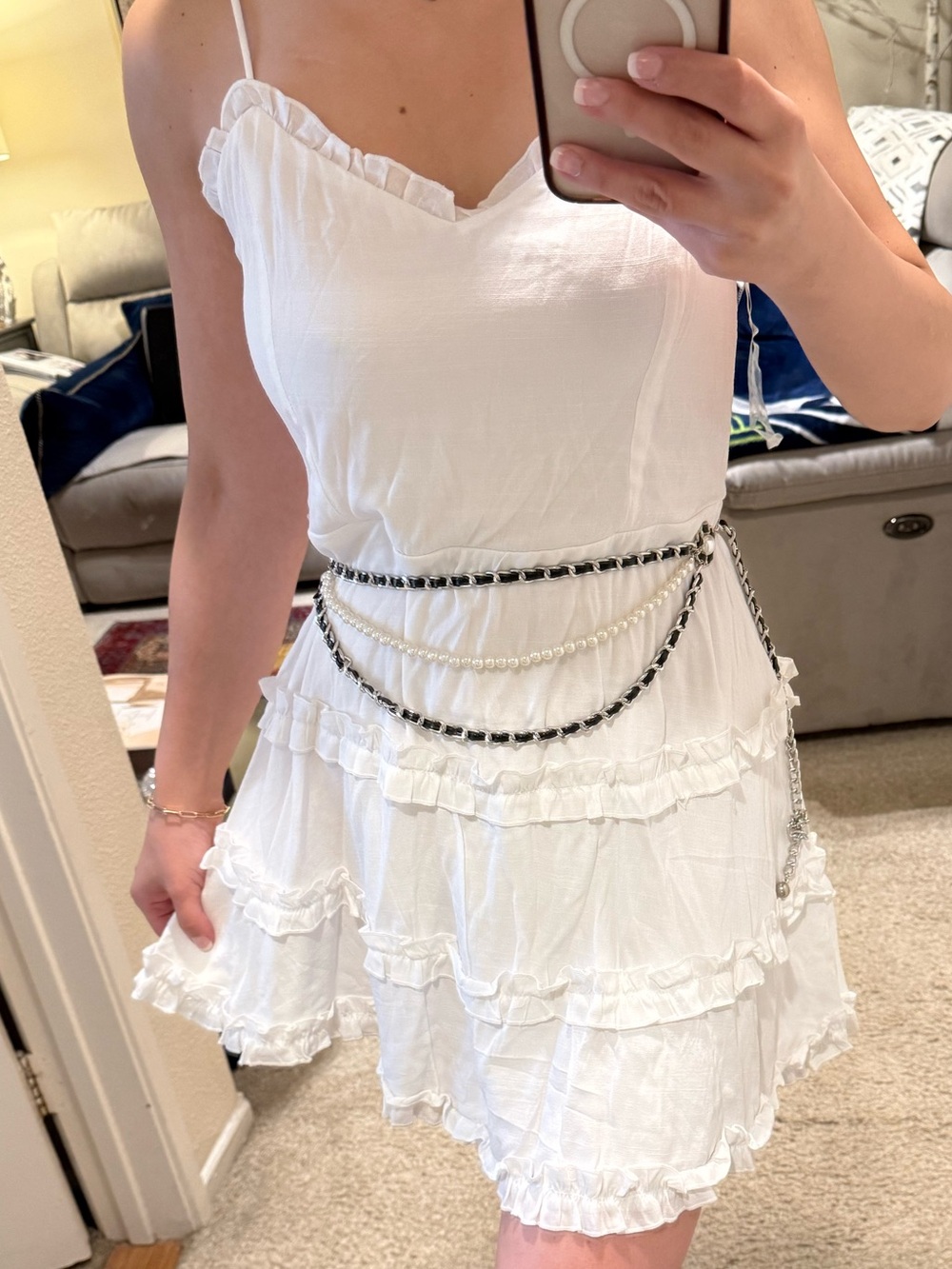 Francesca's Collections White Ruffle Tiered Mini Dress with Spaghetti Straps